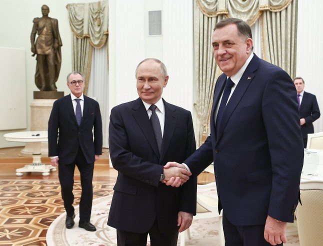 TOPSHOT - In this pool photograph distributed by the Russian state agency Sputnik, Russia's President Vladimir Putin meets with Bosnian Serb leader Milorad Dodik at the Kremlin in Moscow on April 1, 2025. (Photo by Mikhail TERESHCHENKO / POOL / AFP) (Photo by MIKHAIL TERESHCHENKO/POOL/AFP via Getty Images)