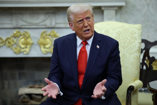 WASHINGTON, DC - APRIL 14: U.S. President Donald Trump speaks he meets with President Nayib Bukele of El Salvador in the Oval Office of the White House on April 14, 2025 in Washington, DC. Trump and Bukele were expected to discuss a range of bilateral issues including the detention of Kilmar Armando Abrego Garcia, who has been held in a prison in El Salvador since March 15. (Photo by Win McNamee/Getty Images)