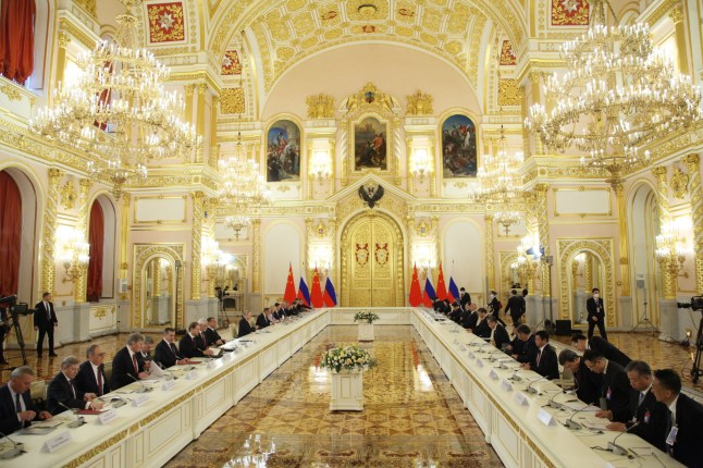 MOSCOW, RUSSIA - MARCH 21: (RUSSIA OUT) Chinese President Xi Jinping (L) and Russian President Vladimir Putin (R) seen during their talks at the Grand Kremlin Palace, on March 21, 2023 in Moscow, Russia. Three days after being accused by an international tribunal of war crimes in Ukraine, Russian President Putin received Chinese leader Xi Jinping during his state visit to Russia. (Photo by Contributor/Getty Images)