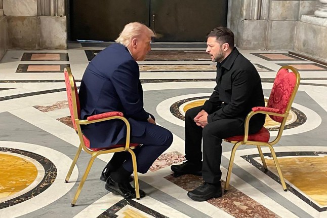 In this handout photograph taken and released by the Ukrainian Foreign Ministry on April 26, 2025, Ukraine's President Volodymyr Zelensky (R) meets with US President Donald Trump (L) on the sidelines of Pope Francis's funeral at St. Peter's Basilica at The Vatican. (Photo by Handout / UKRAINIAN FOREIGN MINISTRY / AFP) / RESTRICTED TO EDITORIAL USE - MANDATORY CREDIT "AFP PHOTO / UKRAINIAN FOREIGN MINISTRY" - NO MARKETING NO ADVERTISING CAMPAIGNS - DISTRIBUTED AS A SERVICE TO CLIENTS (Photo by HANDOUT/UKRAINIAN FOREIGN MINISTRY/AFP via Getty Images)